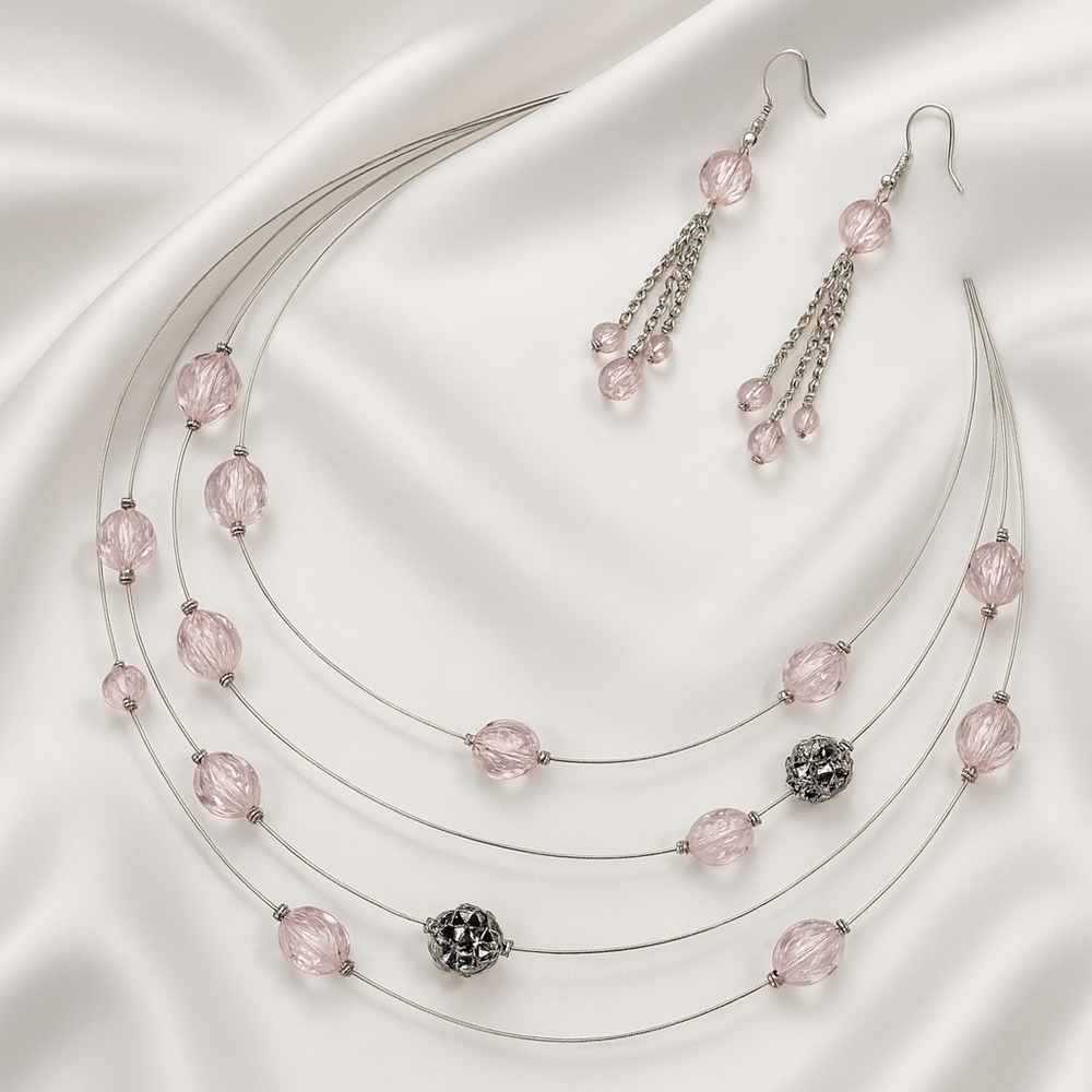 Elegant Light Pink Beaded Illusion Necklace Set – Silver-Tone Matching Earrings